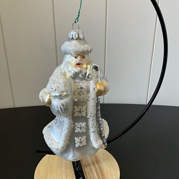Santa Claus Christmas Tree Hanging Glass Ornament Silver Glitter 6" Tall - Picture 1 of 8